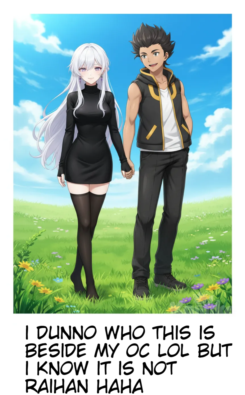 <crestoria-MmII>, holding hands, smile, Raihan (Pokemon), grassland, day