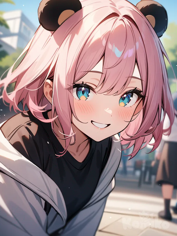 one girl, panda girl, pink hair, teal eyes.and smiling
