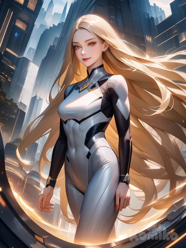 An ultra-photograph shows a full-length, athletic, beautiful, and slender 25-year-old woman with a realistic body. capturing a stunning woman stand with super-long, straight blonde hair Her brown eyes radiate confidence with a radiant smile radiating power and poise, stands confidently within the gleaming marble halls of a futuristic city, styled in the manner of Annie Leibovitz." "She is adorned in a glossy orange corset and a playful musical note-print miniskirt, her damp, platinum blonde hair meticulously slicked back, reflecting the warm, ambient light." " Su cabello luce liso y bien definido, con suaves notas musicales y el nombre "Luis Arcy" flotando suavemente alrededor de sus pies interwoven with shimmering droplets of water from a nearby glittering fountain, enhancing the scene's allure." "Ornate, intricate mosaics and