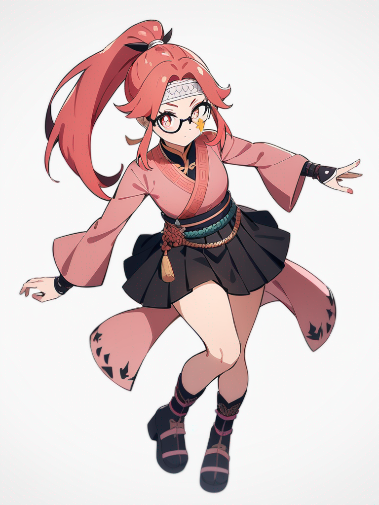 1girl, Indian touchup on face, pink red kurta, ponytail, vibrant hair, sparkling eyes, fantasy outfit, headband, glasses, studs, Demon Slayer style, original character in the world of Demon Slayer, pleated skirt, single character, full body, looking at viewer, anime style, simple background, white background