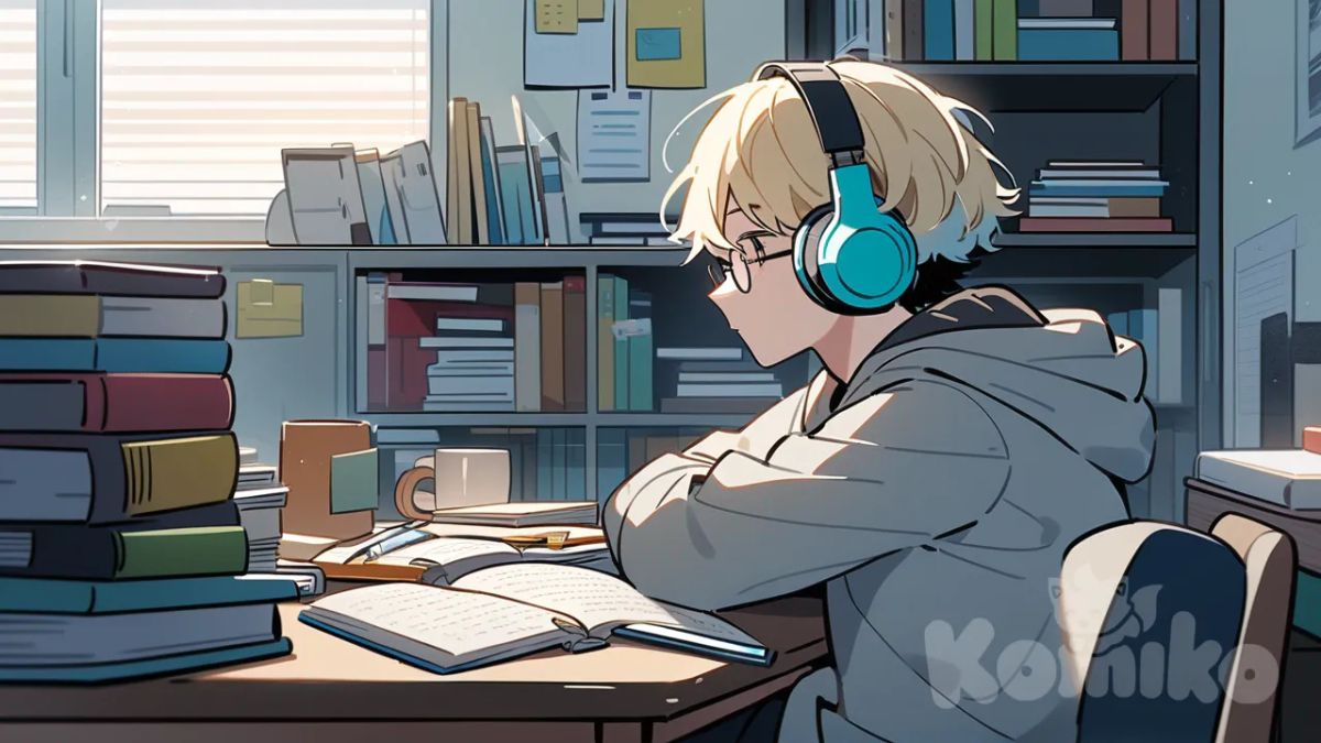Anime-style cozy strict side profile left view only.
Young male student with fluffy ash-blonde hair fading to light blue tips, wearing round glasses and large teal headphones.
Outfit: casual light gray hoodie.
He sits at a white student desk cluttered with notebooks, textbooks, pens, sticky notes, and a steaming coffee mug.
Background: modern cozy condo bedroom with bookshelf, cork board, and a large window showing a rainy night cityscape.
Lighting: neutral white, clean and realistic.
Mood: calm, cozy, realistic lofi study vibe.
Style: Japanese anime illustration, Genshin Impact style, 1boy.
Aspect ratio 16:9.

Negative Prompt:
blurry, low quality, extra limbs, different outfit, missing objects, different hairstyle, watermark, text, messy lines, wrong perspective, distorted proportions.