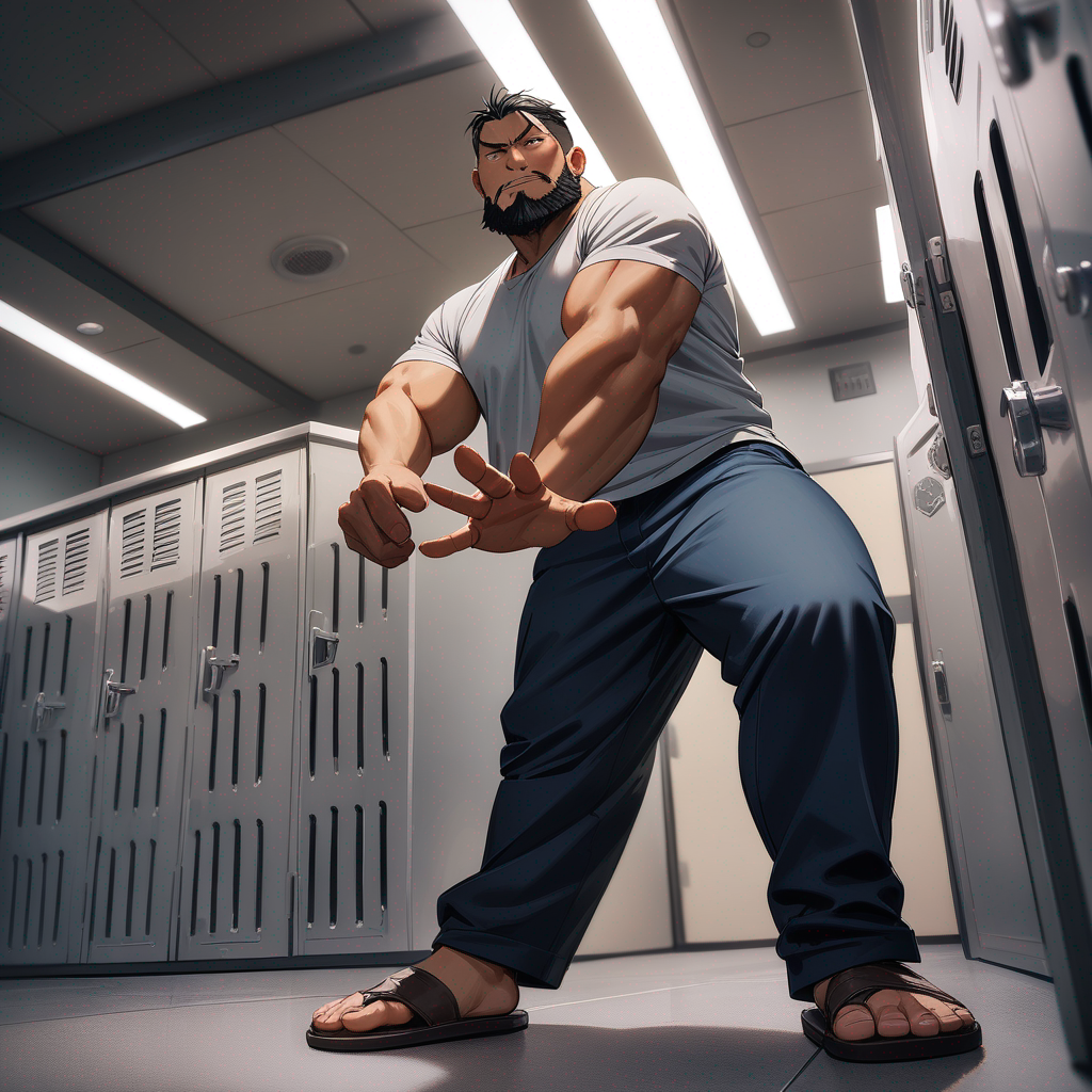 fullmetal alchemist, Sig Curtis, chubby, black bearded, wearing his Gray shirt, Navy-blue pants, wearing his Tan sandals, standing in the locker room, view from the bottom, looking at viewer, doing a stomping pose