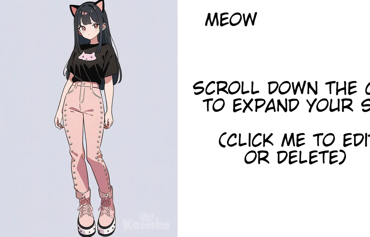 1girl, cute girl, black hair, brown eyes, black studded jeans, plain black shirt, stylish pink boots, cat ears, pastel colors, teenager, straight hair, freckles, fair skin, single character, full body, looking at viewer, anime style, simple background, white background