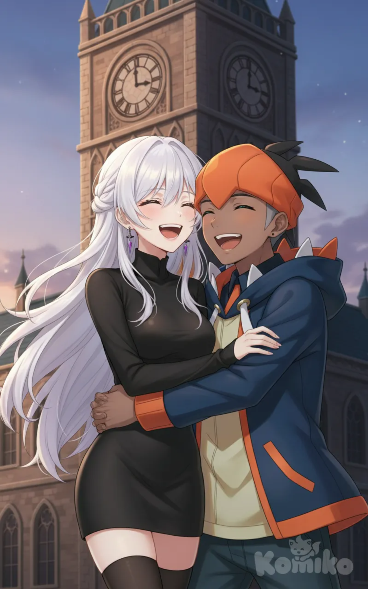 1boy and 1girl, 2people, <crestoria-MmII>, Raihan (Pokemon, Reference image), hugging, laughing, closeup, portrait, upper body, clock tower, ambient lightchi