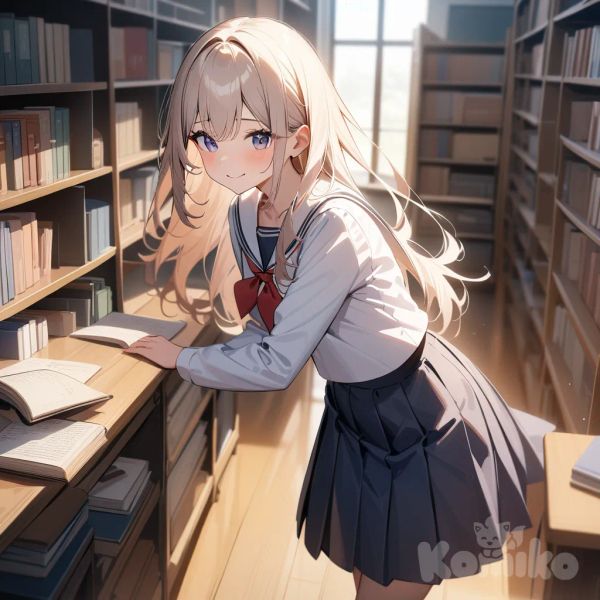 beautiful top student girl, friendly smile, long hair, neat school uniform, school library, bookshelves, warm light, she walk into class
