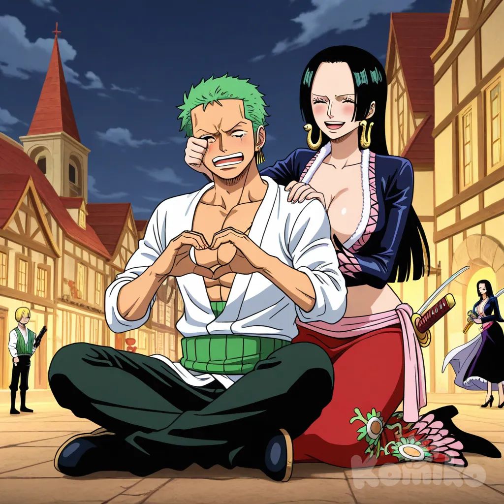 Monkey D. Luffy, Roronoa Zoro, Sanji (One Piece), Nico Robin, Boa Hancock, 3people, 2boys, 1boy, 2girls, 2people, anime screencap, realistic, angry, disappointed, smile, laughing, blush, sitting on lap, heart hands, holding gun, holding sword, wiping tears, full body, rim light, cityscape