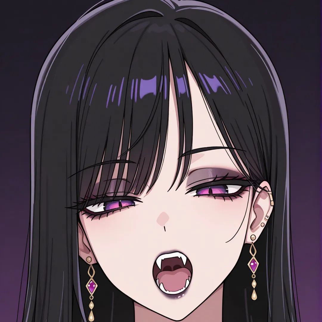 1girl, solo, long black hair, open mouth, black hair, photoshop (medium), jewelry, upper body, earrings, necklace, dark makeup, eyeshadow, photo (medium), vampire, purple eyes, sexy, black, purple dress lace, [toon-shaded-style]