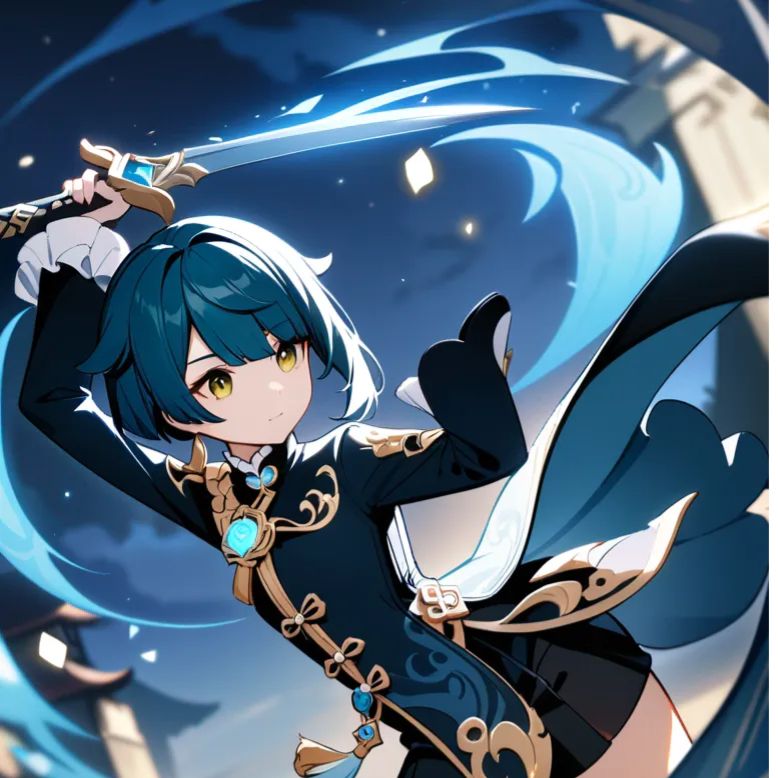 Xingqiu, Genshin Impact, solo, background, intricate clothing, dynamic pose, holding sword, night sky