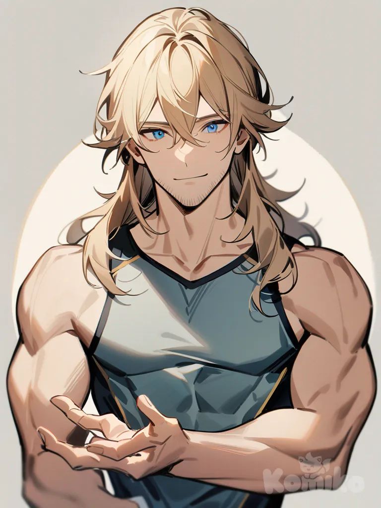 1boy, tousled soft wavy blonde hair, warm blue eyes with amber flecks, tall lean athletic physique with broad shoulders, muscular teenager, gentle protective aura, calm confident demeanor, subtle confident smile, slight sun-kissed skin with faint stubble shadow, delicate slender hands with callused fingertips from skilled craft, fashionably layered outfit in muted rich tones, textured fabrics, leather jacket layered over tailored suit and tuxedo elements, long flowing coat that billows dramatically, anime coloring, single character, full body, looking at viewer, anime style, simple background, white background