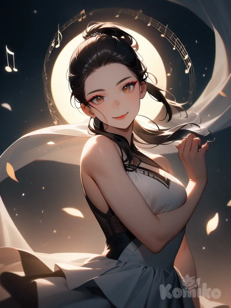 The photo depicts a full-length, athletic young woman with long, vibrant black hair tied back in pigtails. Her brown eyes radiate confidence with a radiant smile, set against a background of deep twilight tones. She elegantly wears a sexy and enchanting high-necked white minidress, adorned with delicate musical notes, enhanced by subtle makeup, all bathed in warm ambient lighting that enhances the textures of her dress and hair. The text "Luis Arcy" flows gracefully around her, lending an ethereal air to her presence, while the background features Japanese graffiti that reads "The Girl from Arcy." The composition uses a shallow depth of field, focusing sharply on the woman, dominated by golds, ambers, and deep purples, further enhancing the dreamlike and captivating nature of the scene.