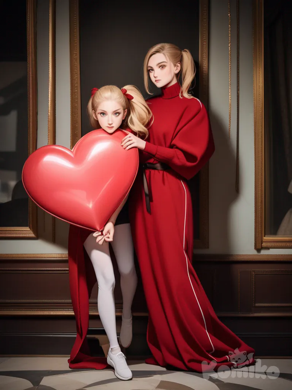 "A photograph in the style of Annie Leibovitz captures a full-body view of a young, athletic woman with long, vibrant blonde hair styled in playful ponytails, her warm brown eyes radiating confidence and a radiant smile evocative of a romantic Valentine's scene. She elegantly stands between two oversized, glossy heart-shaped lollipops, adorned in a seductive red lace mini dress with a deep V-neck, highlighted by exquisite gold and diamond jewelry, against a background of cascading chocolate hearts that gently fill a lush, warm rose-colored space. Soft, golden musical notes and the name "Luis Arcy," rendered in a soft, ethereal glow, delicately float around her feet, creating a dreamlike, vintage Valentine's card atmosphere."