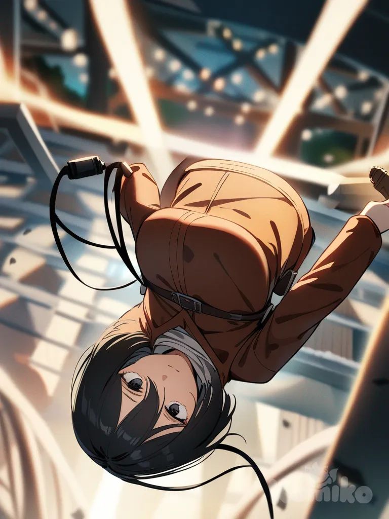 mikasa ackerman, mikasa flying with her cables, shingeki no kyojin, shingeki no kyojin background, big forest background, perspective, mikasa falling, mikasa perspective view, HD, quality, stage light, looking away, depth of field