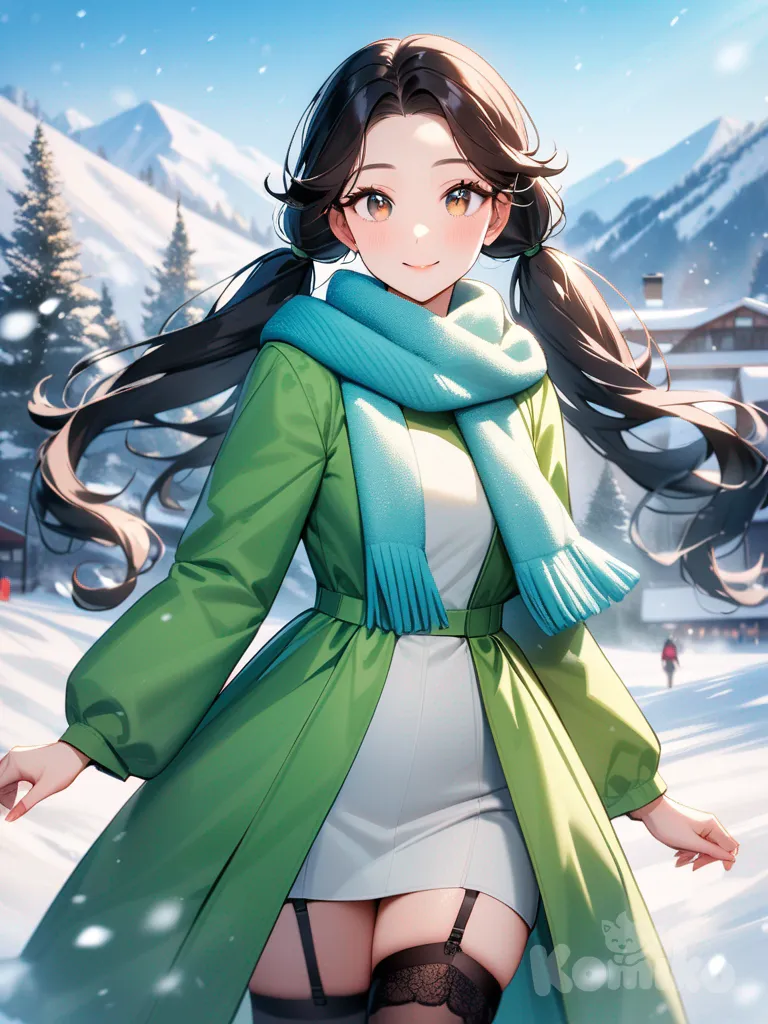 A photograph shows a full-length athletic young woman with long, vibrant black hair in pigtails. Her brown eyes radiate confidence with a radiant smile standing amidst a picturesque snowfall at a ski resort. Her wavy golden hair and bright blue eyes complement her flawless skin. Clad in a stylish ligth green coat with a snug waist, a matching scarf, and an elegant garter belt beneath her coat, she also wears cozy black stockings. Snowflakes gently adorn her golden hair and coat, while she gazes in awe at the stunning winter landscape. The ski resort in the background showcases snow-covered slopes, bustling ski lifts, and quaint wooden lodges with inviting warm lights shining through the windows. Su cabello luce liso y bien definido, con suaves notas musicales y el nombre "Luis Arcy" flotando suavemente alrededor de sus pies.