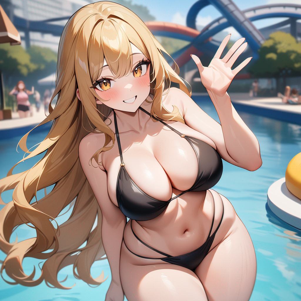 1girl, beautiful long wavy gold hair, Rosy skin, black bikini top, black bikini bottom, very background, waterpark background, smiling and waving, looking at viewer, beautiful golden eyes, curvy body, very calm personality, big thighs