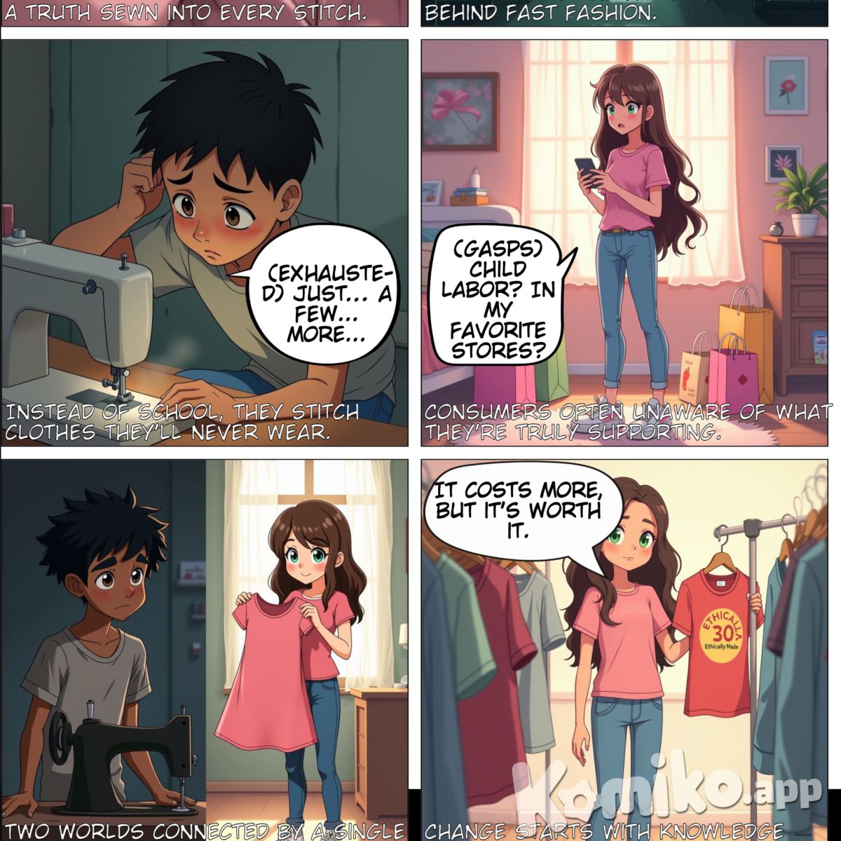 PAGE 1: OPENING - THE ILLUSION OF GLAMOUR
Panel 1:
A bustling mall. Shoppers walk past glittering store windows filled with trendy clothes labeled with low prices.
Narration:
"Fast fashion dazzles with affordability and style..."

Panel 2:
Close-up of a teenage girl, LILA, holding up a cute dress and checking the price tag, smiling.
Narration:
"...but behind the price tag lies a truth rarely seen."

Panel 3:
Extreme zoom on the "Made in ___" label inside the dress.
Narration:
"A truth sewn into every stitch."

PAGE 2: THE FACTORY FLOOR
Panel 1:
A cramped, dimly lit garment factory in a developing country. Young children sit at sewing machines, working tirelessly.
Narration:
"In many parts of the world, children are the hidden workforce behind fast fashion."

Panel 2:
A child, AMIR (12), wipes sweat from his brow as he sews a seam.
Supervisor (off-panel):
"Faster, Amir! Or you don’t get paid today."

Panel 3:
Amir glances at a calendar with no school days marked — only work shifts.
Narration:
"Instead of school, they spend their childhood stitching clothes they’ll never wear."

PAGE 3: A GLOBAL ISSUE
Panel 1:
A world map showing lines from wealthy countries to poorer ones — illustrating supply chains.
Narration:
"Exploitation isn’t isolated. It’s global — enabled by complex, murky supply chains."

Panel 2:
Corporate boardroom. Executives in suits sit around a table, reviewing sales reports.
Exec 1:
"Profits are up — our production costs are down thanks to our overseas partners."

Panel 3:
Zoom in on fine print of a contract between the brand and a supplier: "Vendor is responsible for labor conditions."
Narration:
"Responsibility is often deflected, hidden in vague outsourcing agreements."

PAGE 4: CONSUMER IGNORANCE
Panel 1:
Back to Lila shopping. She carries multiple bags with brand logos — smiling, oblivious.
Narration:
"Consumers fuel the machine — often unaware of what they’re truly supporting."

Panel 2:
Lila scrolls social media. An influencer shows off a “$10 haul.”
Narration:
"Fast fashion thrives on trends and impulse buys."

Panel 3:
Her phone screen flashes an article headline: “Children Found Working in Factory for Major Brand.”
Lila (thought bubble):
“Wait... that’s the store I shop at.”

PAGE 5: THE CONSEQUENCES
Panel 1:
Back to the factory. Amir’s small hands are pricked and bandaged.
Narration:
"The human cost is far greater than the sticker price."

Panel 2:
Amir sees a faded textbook tucked in his bag, long untouched.
Narration:
"Dreams of education, safety, and play — stolen."

Panel 3:
Factory boss hands Amir a small coin.
Boss:
"That’s all you get this week."

PAGE 6: WHY IT CONTINUES
Panel 1:
Government official receiving a briefcase from a factory owner — implied bribery.
Narration:
"Weak regulations and corruption let this system survive."

Panel 2:
A “Labor Inspector” walks past the factory without stopping, talking on the phone.
Inspector:
"Yeah, everything looks fine here."

Panel 3:
A sign on the factory wall: “Certified Ethical Employer.” It’s clearly a facade.
Narration:
"Even labels of ‘ethics’ can be bought."

PAGE 7: PUSHBACK AND HOPE
Panel 1:
A protest outside a brand’s headquarters. Signs read “End Child Labor” and “Fair Fashion Now.”
Narration:
"But awareness is growing. Voices are rising."

Panel 2:
Lila reads more about labor practices, eyes wide in shock.
Lila (thought bubble):
"I had no idea..."

Panel 3:
She deletes the shopping app from her phone.
Lila:
"I can’t support this anymore."

PAGE 8: CONSUMER POWER
Panel 1:
Lila tells her friends about sustainable brands. They listen intently.
Narration:
"Change starts with knowledge — and choices."

Panel 2:
A family mends clothes together at home, smiling.
Narration:
"Reuse. Repair. Rethink."

Panel 3:
Online article titled “10 Ethical Fashion Brands Making a Difference.”
Narration:
"Supporting ethical companies sends a message."

PAGE 9: INDUSTRY RESPONSIBILITY
Panel 1:
A new fashion CEO speaking at a press conference.
CEO:
"We’re introducing full supply chain transparency and committing to living wages."

Panel 2:
Factory in the same country — now brighter, children at school nearby, adults working fairly.
Narration:
"With pressure, the industry can do better."

Panel 3:
A factory label now says: “Made with Fair Labor.”
Narration:
"And accountability begins with transparency."

PAGE 10: THE FUTURE WE CHOOSE
Full-page panel:
A split panel: left side shows Amir as he was — tired, sewing. Right side shows Amir a few years older, in school, smiling.
Narration:
"Every choice we make — as consumers, as industries, as nations — helps write a new story."

Caption (bottom):
"Fair fashion isn’t a dream. It’s a decision."