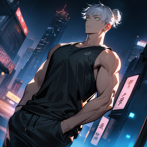 1boy, jujutsu kaisen style, hands in pockets, expressionless, tank top, joggers, charcoal black, white hair, man bun, neon green eyes, white eyelashes, cityscape, night, best quality, 4k, masterpiece, higher, detailed, amazing quality