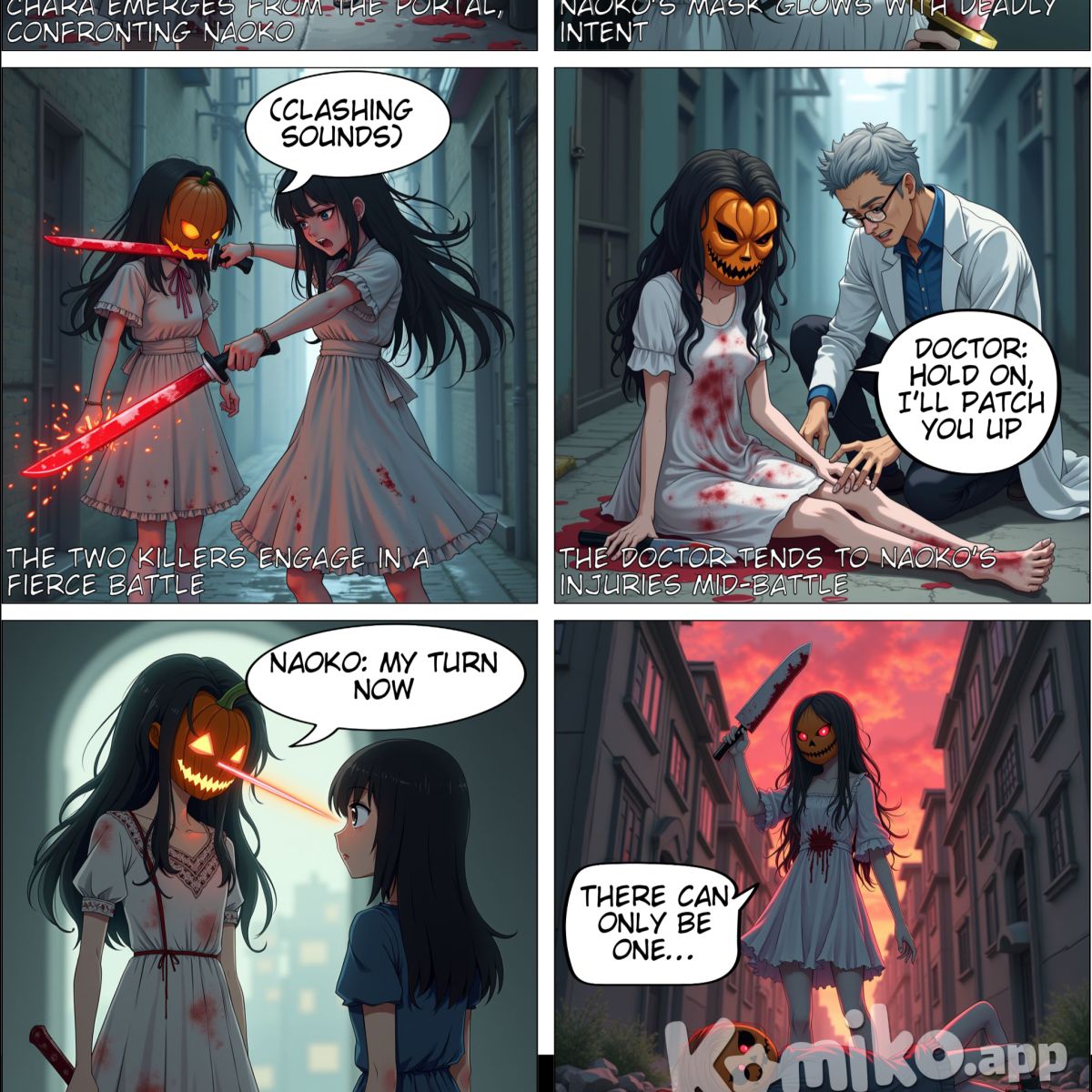 Ok so the characters are Chara (glitchtale - Full Hate), Pumkin night Naoko (Pumpkin night - strongest form with lazer dodging feats and all that). The theme is something that would suit their deathbattle. There are side characters but mostly just the doctor who patched up naoko when she was badly injured. I want to have scenes where both universes get connected through gaster, where the two meet while Naoko was planning to advance in her next plans for her killing spree. They end up going at each other with dialogues in between. There can only be one winner. I hope this is enough to ask . . . 