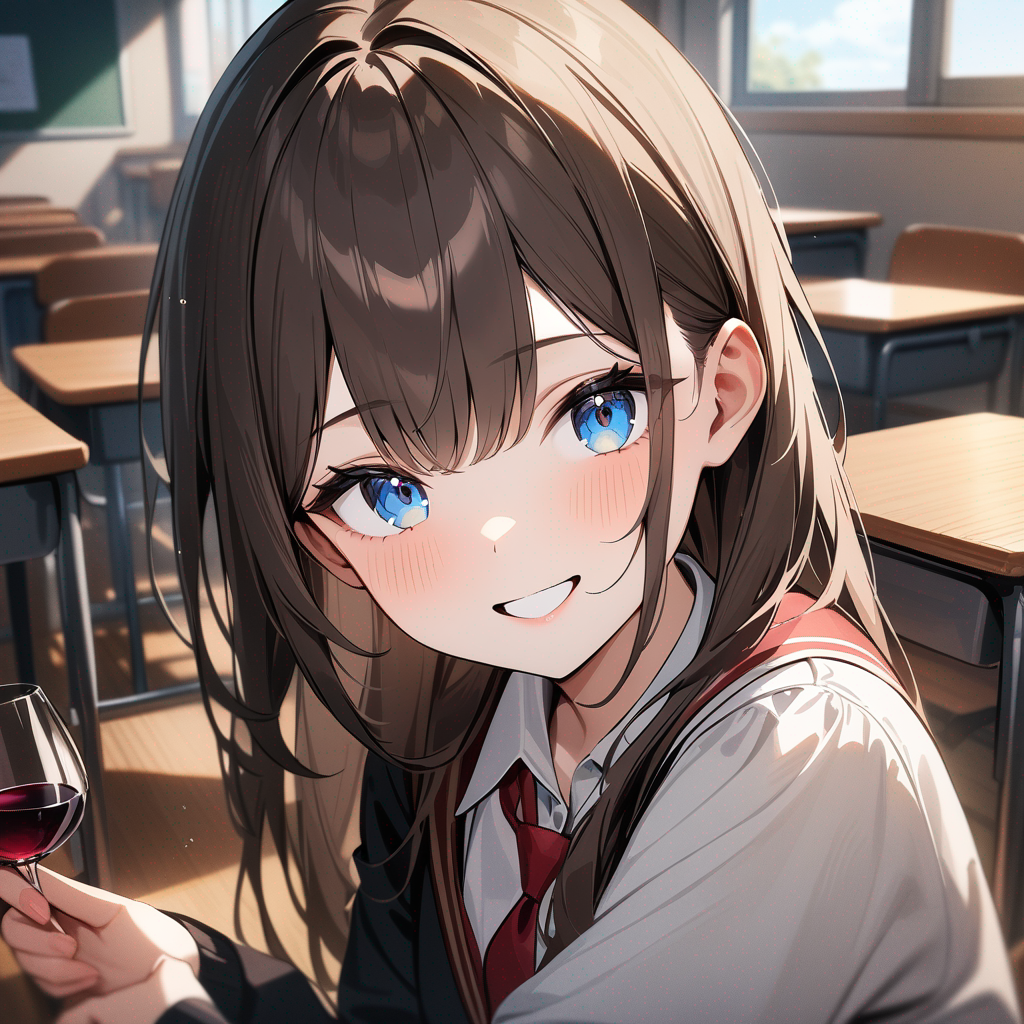 smile, school uniform vino con negro, classroom, chica de cabello largo,lacio, castaño, ojos azules claros, copete