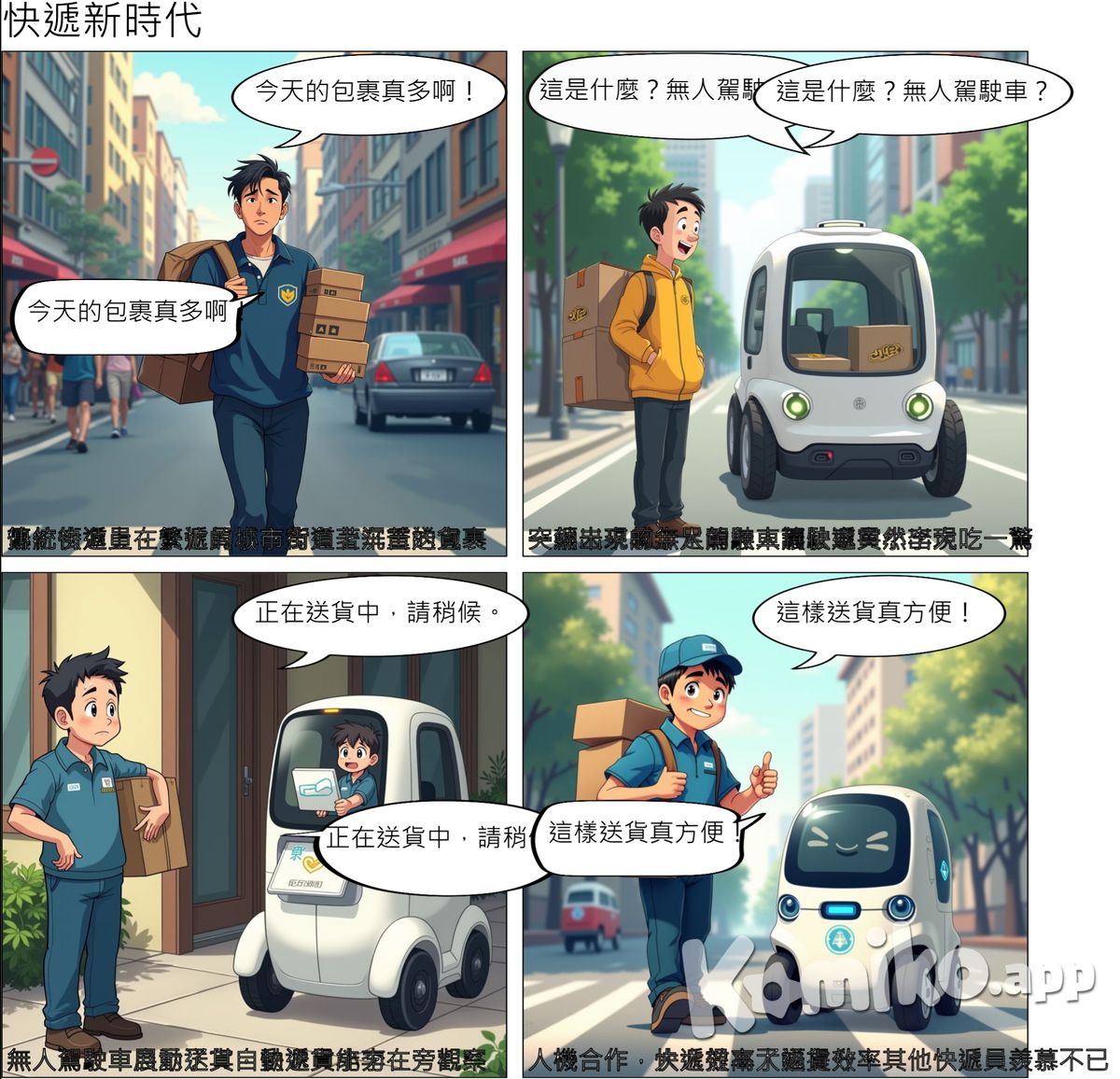 第一格：展示一個傳統的快遞員在送貨，背景是繁忙的城市街道。  快遞員：”今天的包裹真多啊！“  第二格：無人駕駛車輛出現，快遞員驚訝地看著它。  快遞員：”這是什麼？無人駕駛車？“  第三格：無人駕駛車輛自動送貨，快遞員在旁邊觀察。  無人駕駛車：”正在送貨中，請稍候。“  第四格：快遞員和無人駕駛車輛合作，提升了工作效率。  快遞員：”這樣送貨真方便！“  這樣的情節可以展示無人駕駛技術如何提
