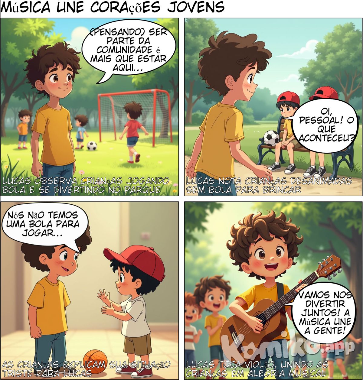 Quadrinho 1 Cenário: Um parque, onde várias crianças estão brincando.  Texto: O garoto, Lucas, observa as crianças jogando bola e se divertindo.  Lucas (pensando): "Ser parte da comunidade é mais do que só estar aqui…"  Quadrinho 2 Cenário: Lucas se aproxima de um grupo de crianças que parece triste.  Texto: Ele nota que algumas crianças estão desanimadas porque não têm bola para brincar.  Lucas: "Oi, pessoal! O que aconteceu?"  Quadrinho 3 Cenário: As crianças explicam a situação para Lucas.  Texto: Ele ouve atentamente, seu olhar é compreensivo.  Criança 1: "Nós não temos uma bola para jogar…" Criança 2: "Queremos brincar, mas não dá!"  Quadrinho 4 Cenário: Lucas vai para casa e pega seu violão, depois volta para o parque.  Texto: Ele reúne as crianças e começa a tocar uma música animada, todos se juntam a ele.  Lucas: "Vamos nos divertir juntos! A música é uma ótima forma de unir a gente!"