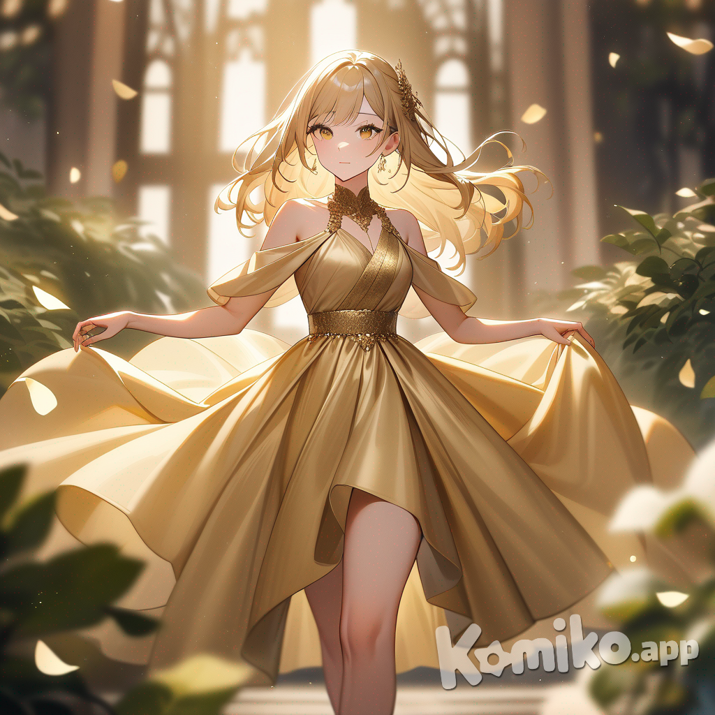 A captivating photograph captures a young blonde woman gazing directly at the camera, exuding elegance in a shimmering golden mini skirt and a delicately draped, frilled top. She stands bathed in warm, golden sunlight, her golden heels adding a touch of sophistication. Subtle golden musical notes symbolize her passion for music, while the soft, blurred background of lush greenery adds depth and warmth. At her feet, the words "Luis Arcy" and a golden musical note create an elegant and mysterious atmosphere.