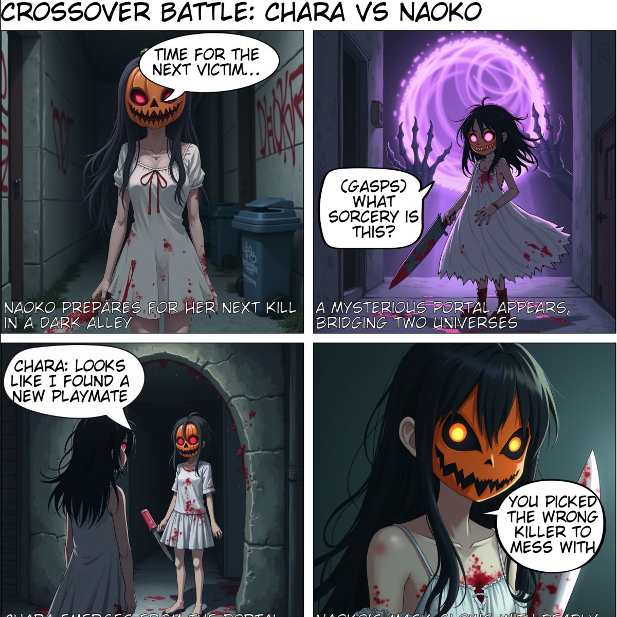 Ok so the characters are Chara (glitchtale - Full Hate), Pumkin night Naoko (Pumpkin night - strongest form with lazer dodging feats and all that). The theme is something that would suit their deathbattle. There are side characters but mostly just the doctor who patched up naoko when she was badly injured. I want to have scenes where both universes get connected through gaster, where the two meet while Naoko was planning to advance in her next plans for her killing spree. They end up going at each other with dialogues in between. There can only be one winner. I hope this is enough to ask . . . 