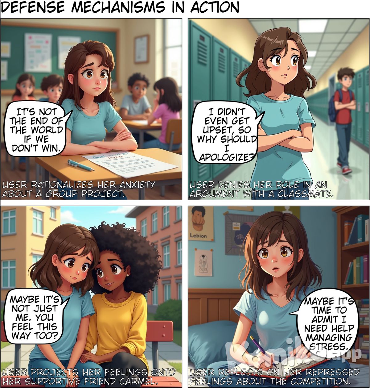 Panel 1: The Situation Scene: User is in a classroom setting with friends, facing a challenging group project. User's Thought Bubble: "I hope this turns out well... but I’m feeling so anxious. What if I mess up?" (Defense Mechanism: ** Rationalization) User: "Well, it’s not the end of the world if we don’t win this competition. We’ll just learn from it."  Panel 2: The Response Scene: After an argument with a classmate, user is feeling frustrated and upset. User's Thought Bubble: "That argument wasn’t really my fault, though. I didn’t do anything wrong!" (Defense Mechanism: ** Denial) User: "I didn’t even get upset, so why should I apologize?"  Panel 3: The Friend's Support Scene: User is talking to a close friend like Carmel about feeling overwhelmed with schoolwork. User: "I don’t know if I can handle everything at once… I just feel like breaking down." Carmel: "It’s okay to feel like that. You're doing your best, and I’m here for you." (Defense Mechanism: ** Projection) User's Thought Bubble: "Maybe it’s not just me. Carmel feels this way sometimes too. It helps me feel less alone."  Panel 4: The Reflection Scene: User is at home, journaling about the day and reflecting on the emotions. User's Thought Bubble: "I was trying to avoid facing how stressed I feel about the competition... but deep down, I really care about how it turns out." (Defense Mechanism: ** Repression) User: "Maybe it's time to admit that I need help to manage this stress."  Panel 5: Conclusion Scene: User is now feeling empowered after talking things through with friends and reflecting on her feelings. User's Thought Bubble: "I can use these feelings to grow. It’s okay to have weaknesses, and it’s okay to ask for help." (Defense Mechanism: ** Sublimation) User: "I’m going to channel this energy into doing better next time, with all the support around me."