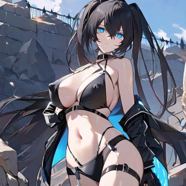 black rock shooter, large breasts, thighs, covered nipples