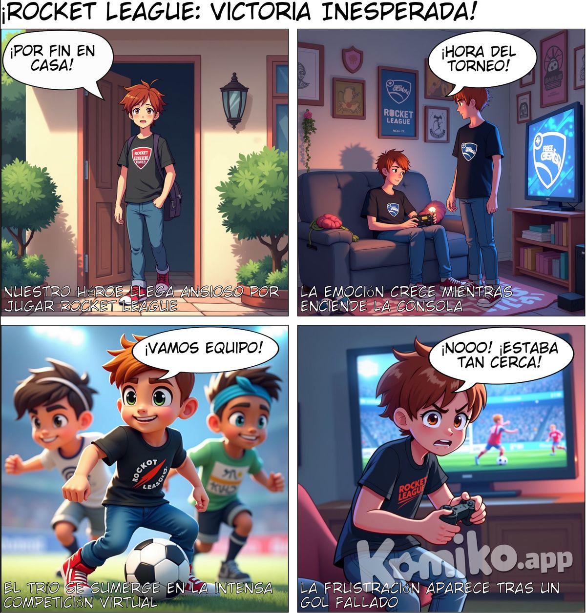 Es de un videojuego llamado rocket league en donde el protagonista inicia llegando a su casa luego se va a su cuarto y enciende su consola se mete al rocket league y inicia el torneo junto con sus amigos cristian y saul y ese torneo lo ganan.   Quiero que muestre emociones como: alegría por estar jugando el torneo con sus amigo, frustración al fallar goles, y emoción al ganar el torneo . Especificación de la historia Quiero que incluya titulo y mínimo 10 viñetas