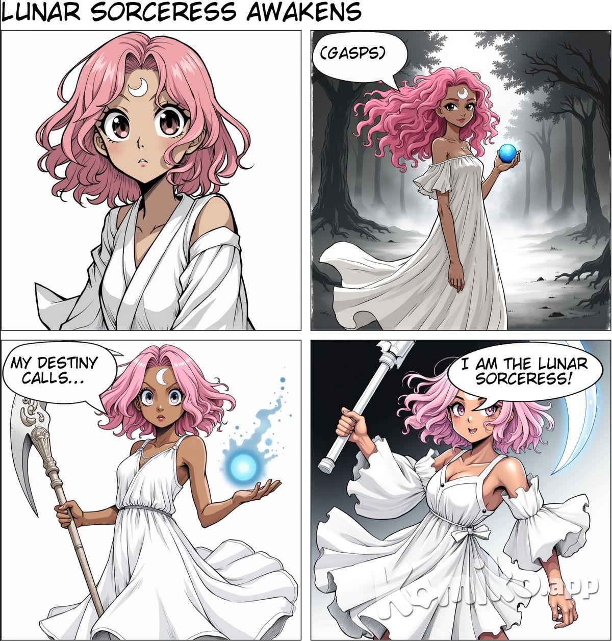 woman with pink curly waist-length hair and brown skin. She is in a white dress and is holding a blue glowing orb in one of her hands, holding a large white scythe in the other. She has a white crescent moon tattoo on her forehead. High quality, masterpiece, 4k, 8k, detailed,