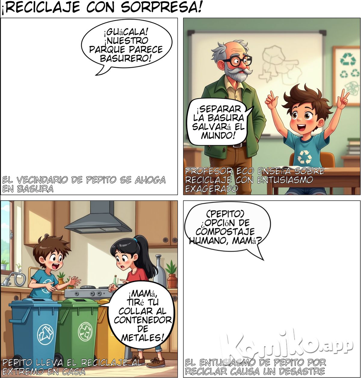 Acción: Los niños deciden poner en práctica lo aprendido en sus casas. Organizan contenedores de reciclaje y comienzan a separar su basura.Introducción al reciclaje: Los niños conocen a un profesor de ciencias que les explica qué es el reciclaje. Aprenden que separar la basura ayuda a reutilizar materiales en lugar de contaminarlos.ntroducción: Los protagonistas (un grupo de niños curiosos) observan cómo el mundo se está llenando de basura. En su vecindario, notan que los parques, calles y hasta la escuela están sucios.