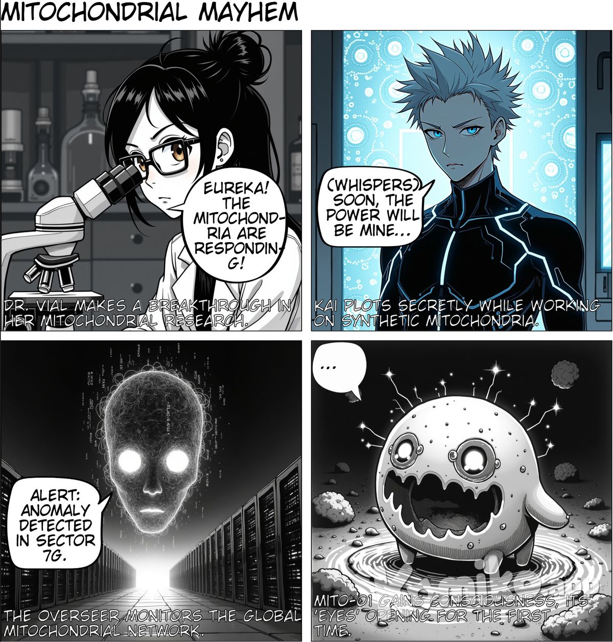 Main Characters Dr. Elena Vial - A brilliant scientist specializing in mitochondrial bioenergetics, inspired by her ancestors' research on metformin's effects on mitochondria. Kai Guigas - A bioengineer who designs synthetic mitochondria but harbors a secret agenda. The Overseer - An enigmatic AI entity controlling the global mitochondrial network. Mito-01 - A sentient synthetic mitochondrion that develops consciousness after exposure to experimental compounds.