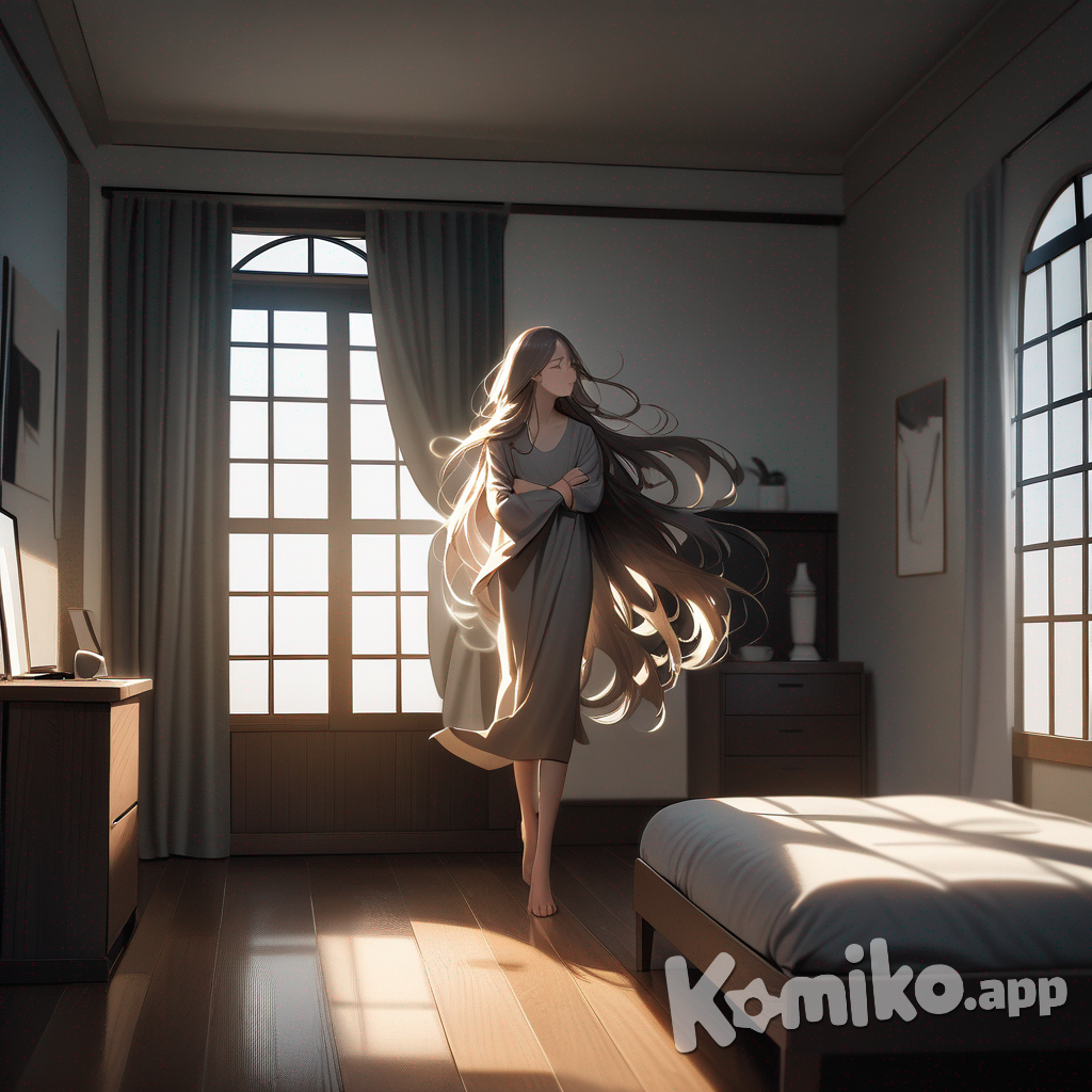 A photograph in the style of Johannes Vermeer depicting a young woman waking up in her bedroom, suffused in the warm, honeyed light of dawn. She stands barefoot on aged, polished hardwood, her long, flowing hair cascading around her shoulders, and an oversized heather gray T-shirt loosely revealing her slender legs as she stretches her arms into an elegant Y, gazing serenely into the camera. Behind her, a half-made bed with softly rumpled white sheets and a vintage nightstand with a warm, amber glow from a lamp create a comforting backdrop, while at her feet, "Luis Arcy" and delicate musical notes are artfully arranged, hinting at a creative spirit. The background features a softly blurred view of a sun-drenched garden visible through a sheer curtain, completing this scene of peaceful morning tranquility.