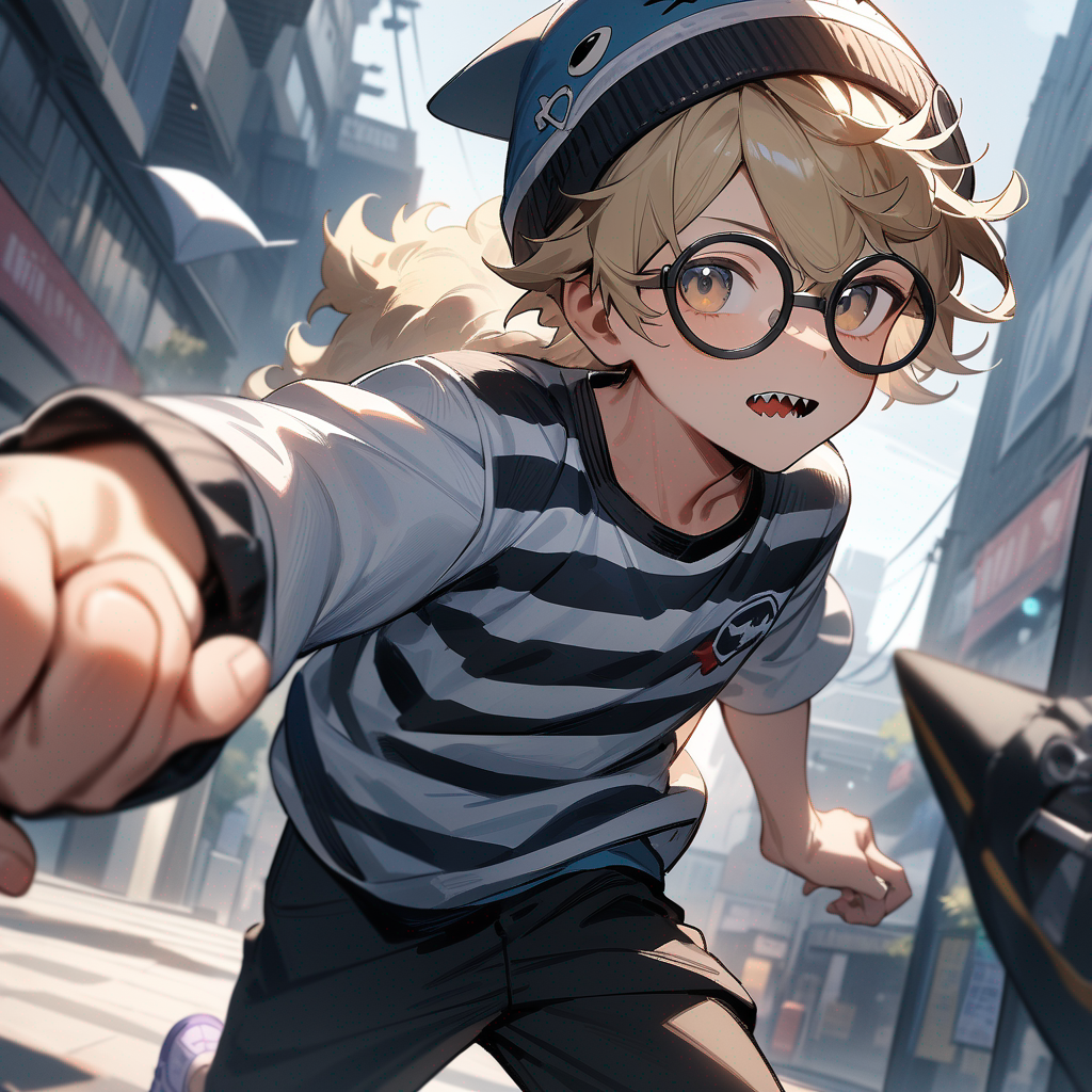 a fourteen year old boy with blonde fluffy hair falling in front of his hazel eyes, circular glasses, shark knit hat, long sleeve light blue and black striped shirt, short sleeve white jacket over top, black jeans, light purple sneakers