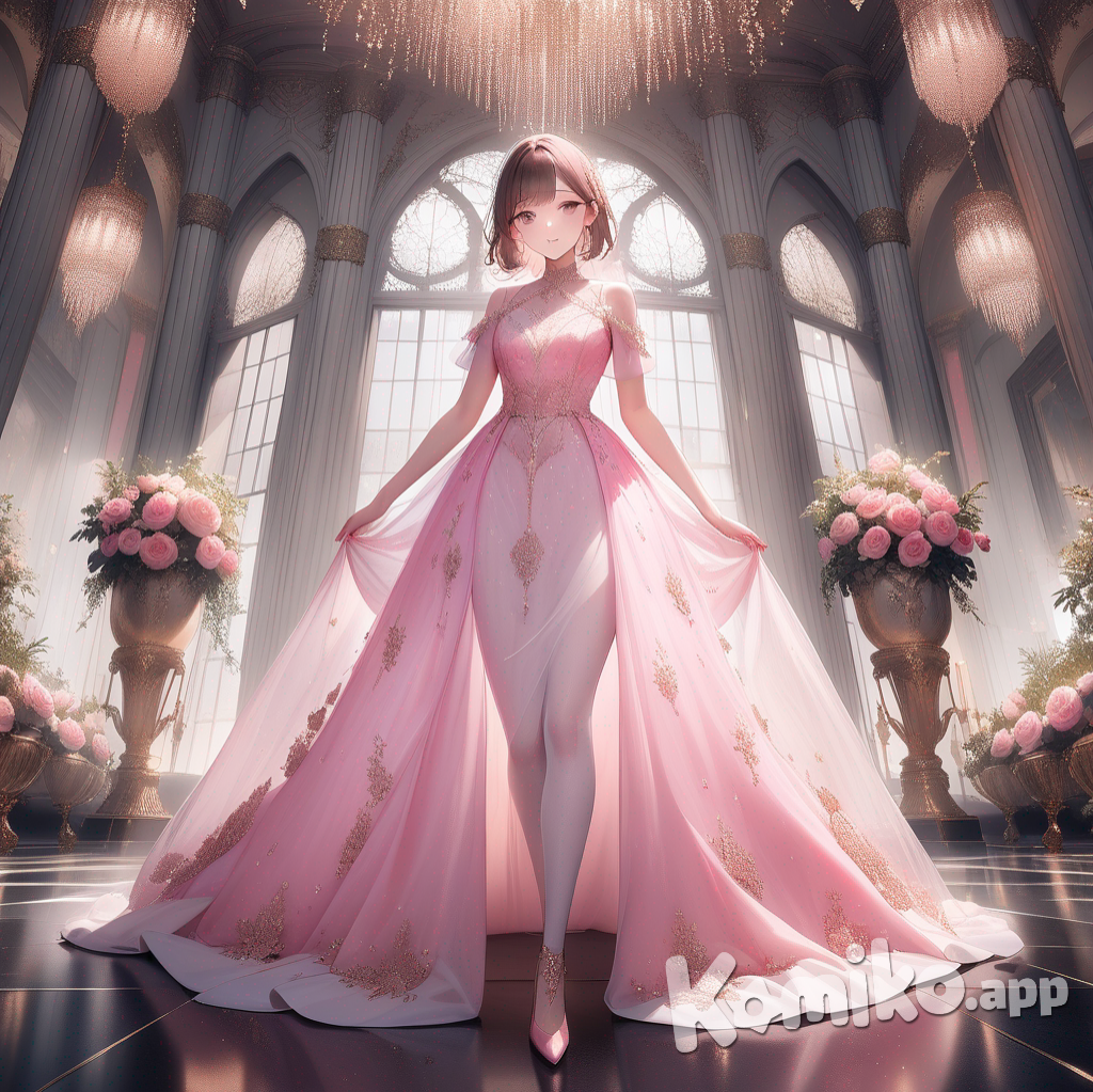 A fine art photograph captures a breathtaking scene of a young woman, aged 22, radiating confidence as she stands within a lavish castle hall of mirrors, her gaze directly meeting the viewer. She is exquisitely dressed in a delicate, short, translucent pink tulle dress, intricately embroidered with minuscule, vibrant flowers, complemented by elegant pink high-heeled shoes and a blush-pink lace veil cascading from her loose hair. Gentle, swirling musical notes and the graceful text "Luis Arcy" dance around her feet, while warm lighting illuminates the hall and a majestic snow-capped mountain range serves as a stunning backdrop beyond, creating a captivating contrast of opulence and natural grandeur. The soft, diffused lighting emphasizes impeccable detail, evoking a timeless and elegant aesthetic.