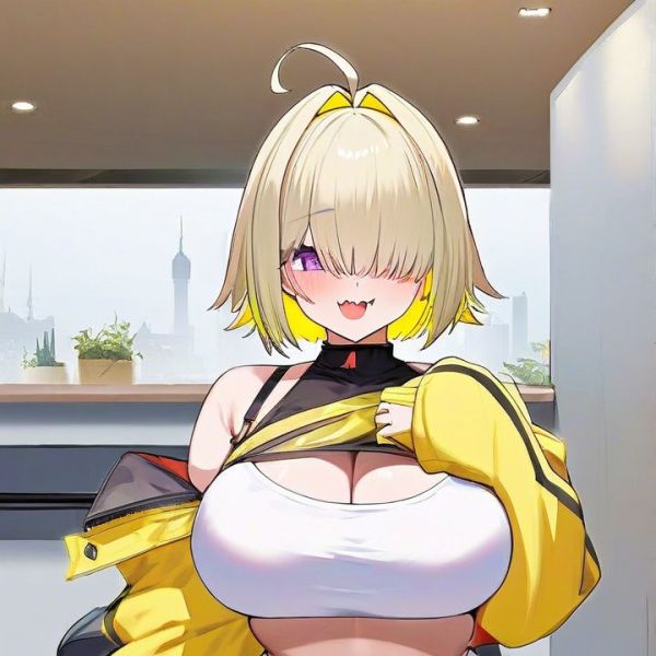 elegg \(nikke\), goddess of victory: nikke, 1girl, skin fang, hair over eyes, purple eyes, hair over one eye, blonde hair, short hair, two-tone hair, colored inner hair, hair intakes, ahoge, long bangs, plump, large breasts, huge breasts, thick thighs, navel, thigh strap, sweat, short shorts