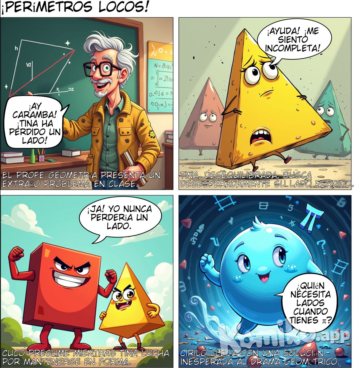 Personajes: Profe Geometría (El Mentor):  Apariencia: Un adulto amigable con gafas cuadradas y una chaqueta que tiene patrones de diferentes figuras geométricas. Siempre lleva una regla y un compás. Personalidad: Sabio, pero con un sentido del humor que lo hace accesible. Le encanta poner a prueba a los estudiantes con acertijos matemáticos. Rol: Es quien guía a los personajes a través de las aventuras, enseñando las fórmulas y trucos para calcular el perímetro. Triángulo Tina:  Apariencia: Un triángulo equilátero animado que puede cambiar de tamaño y ángulos según la situación. Personalidad: Rápida y ágil, siempre busca resolver problemas de la manera más eficiente. Le encanta encontrar formas de cortar caminos. Rol: Explica cómo calcular el perímetro de triángulos de diferentes tipos. Cuadrado Cuco:  Apariencia: Un cuadrado robusto, con cara de confianza y cuatro lados perfectos. Personalidad: Siempre recto y preciso, pero a veces un poco presumido por ser "perfecto". Rol: Es el personaje que explica cómo calcular el perímetro de cuadrados y rectángulos. Círculo Cirilo:  Apariencia: Un círculo azul brillante, muy fluido en sus movimientos. Personalidad: Tranquilo y calmado, pero le gusta sorprender a los demás con su enfoque diferente para calcular perímetros (circunferencia en su caso). Rol: Ayuda a entender el concepto del perímetro de círculos, presentando la fórmula de la circunferencia (2πr). Hexágono Hela:  Apariencia: Un hexágono dorado con seis brazos, siempre moviéndose y girando. Personalidad: Curiosa y energética. Siempre encuentra conexiones entre las figuras y las situaciones del mundo real. Rol: Enseña cómo calcular perímetros en polígonos regulares más complejos. Capítulos: Capítulo 1: El misterio del triángulo perdido  Resumen: Tina, la triángulo, ha perdido uno de sus lados, y Profe Geometría reta a los estudiantes a encontrarlo calculando el perímetro de diferentes triángulos isósceles, equiláteros y escalenos. Aprenden a sumar los lados para obtener el perímetro. Capítulo 2: La carrera de los rectángulos  Resumen: Cuadrado Cuco desafía a Tina en una carrera para ver quién puede encontrar más rápido el perímetro de diferentes figuras. Los estudiantes aprenden a calcular el perímetro de cuadrados y rectángulos, usando la fórmula P = 2(largo + ancho). Capítulo 3: El desafío circular  Resumen: Cirilo, el círculo, organiza un desafío donde presenta su fórmula especial para calcular su perímetro (circunferencia). Los estudiantes descubren la importancia de π (pi) y aprenden la fórmula 2πr. Capítulo 4: El enigma del polígono  Resumen: Hexágono Hela presenta un enigma donde los estudiantes deben encontrar el perímetro de polígonos regulares como hexágonos y pentágonos. Explica cómo multiplicar el número de lados por la longitud de un lado para obtener el perímetro. Capítulo 5: La aventura final  Resumen: Todos los personajes se unen para resolver un problema complejo que involucra varias figuras conectadas entre sí. Los estudiantes deben sumar los perímetros de diferentes figuras para resolver el misterio.