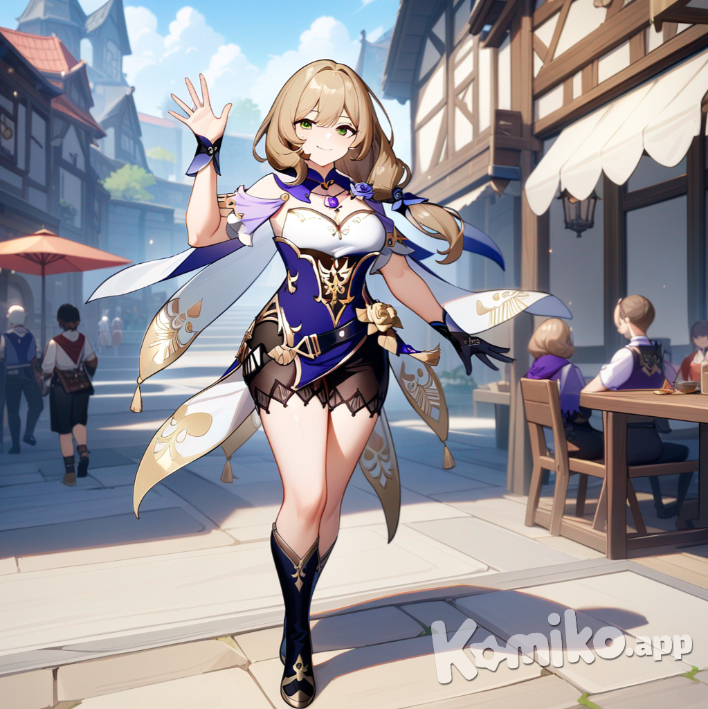 Amputee , Lisa (Genshin Impact), waving, full body