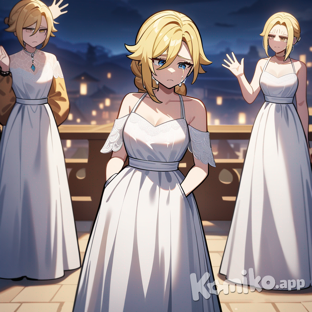 Annie Leonhart, Genshin Impact style, 2.5d style, hands in pockets, waving, disappointed, frown, crying, lace, evening dress