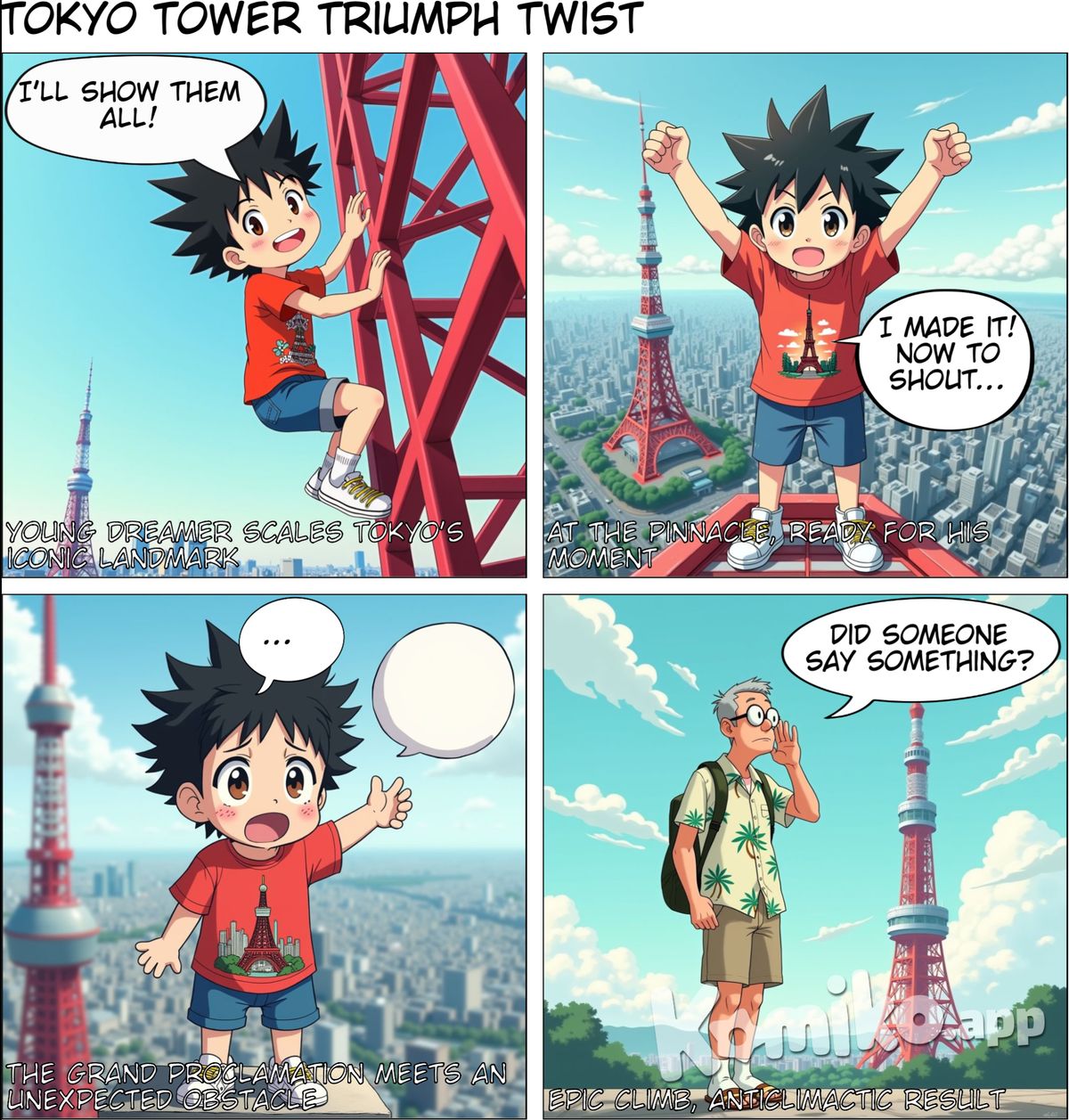 A boy climbed to the top of Tokyo Tower and shouted