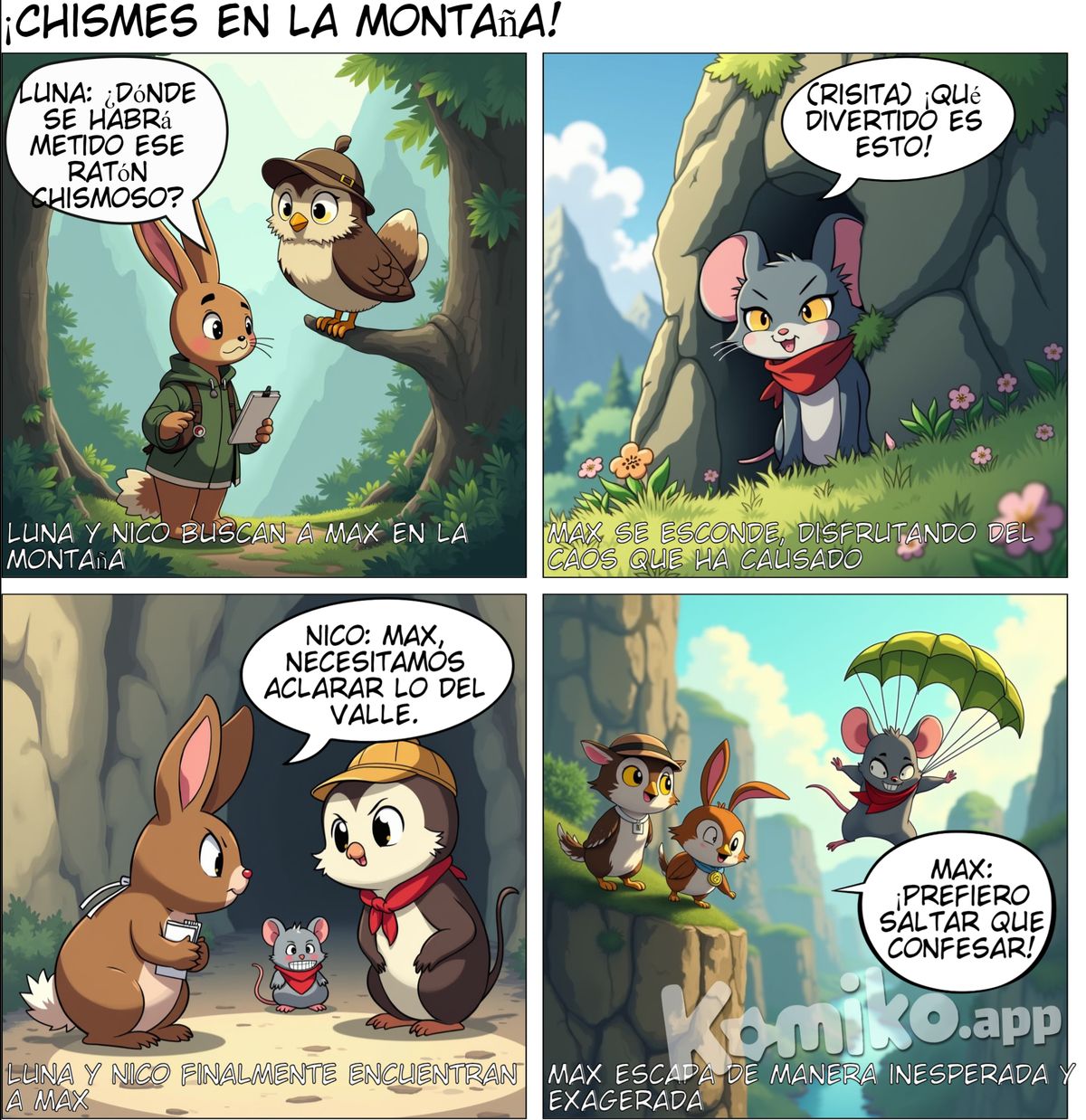 *Viñeta 3:* (Luna y Nico buscan a Max)    - Nico: “Max, necesitamos aclarar lo que dijiste sobre el Valle.”Luna - Una conejita andina que es una periodista entusiasta. Nico - Un búho "de campana" que investiga los secretos de la montaña. Max - Un ratón travieso que le encanta contar rumores por diversión.