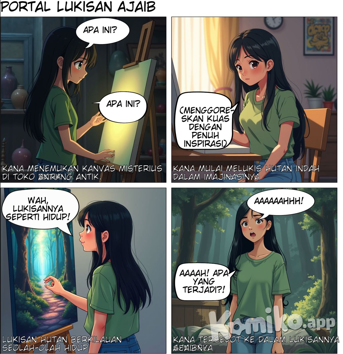 Kana mengenakan kaos hijau lengan pendek yang tidak membentuk lekuk tubuh, celana jeans panjang, dengan rambut hitam panjang terurai. Ada banyak benda aneh di dalamnya. Mata Kana tertuju pada kanvas. Benda itu tampak berbeda dari lainnya. “Apa ini?” ujar Kana pada dirinya sendiri. Kanvas itu tampak bersinar. Dia merasakan dorongan kuat untuk melukis di atasnya. Begitu kembali ke rumah, Kana langsung memasuki kamar dan mulai menggoreskan kuasnya di atas kanvas. Dalam benaknya terbesit sebuah hutan yang sangat indah. Tangannya perlahan menggoreskan apa yang ada dalam imajinasi Kana. Begitu selesai, dilihatnya lagi lukisan yang telah ia buat. Semakin dipandang, warnanya seakan hidup berkilauan. Perlahan Kana menyentuhkan jemarinya ke kanvas itu, dirabanya perlahan, hingga dia merasakan hentakan kuat seakan memasuki sebuah portal.