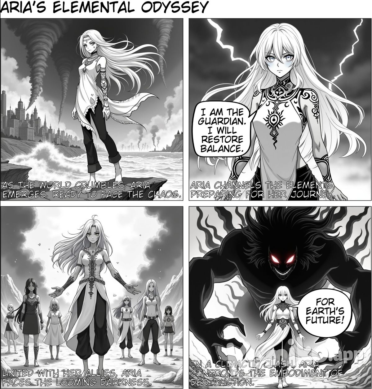 The world is on the brink of destruction due to natural disasters, wars, and a mysterious dark force.   Aria, the Guardian of Earth, steps forward with the power to control the elements.   Aria sets out to restore balance, facing fierce storms, raging fires, and turbulent seas.   Along the way, she gains allies who bring unique strengths to the fight.   Aria confronts the dark force, a colossal shadowy entity, in an epic battle.   Using the energy of the Earth, Aria creates a blinding light that vanquishes the dark force.   Peace is restored, nature flourishes, and Aria becomes a symbol of hope.