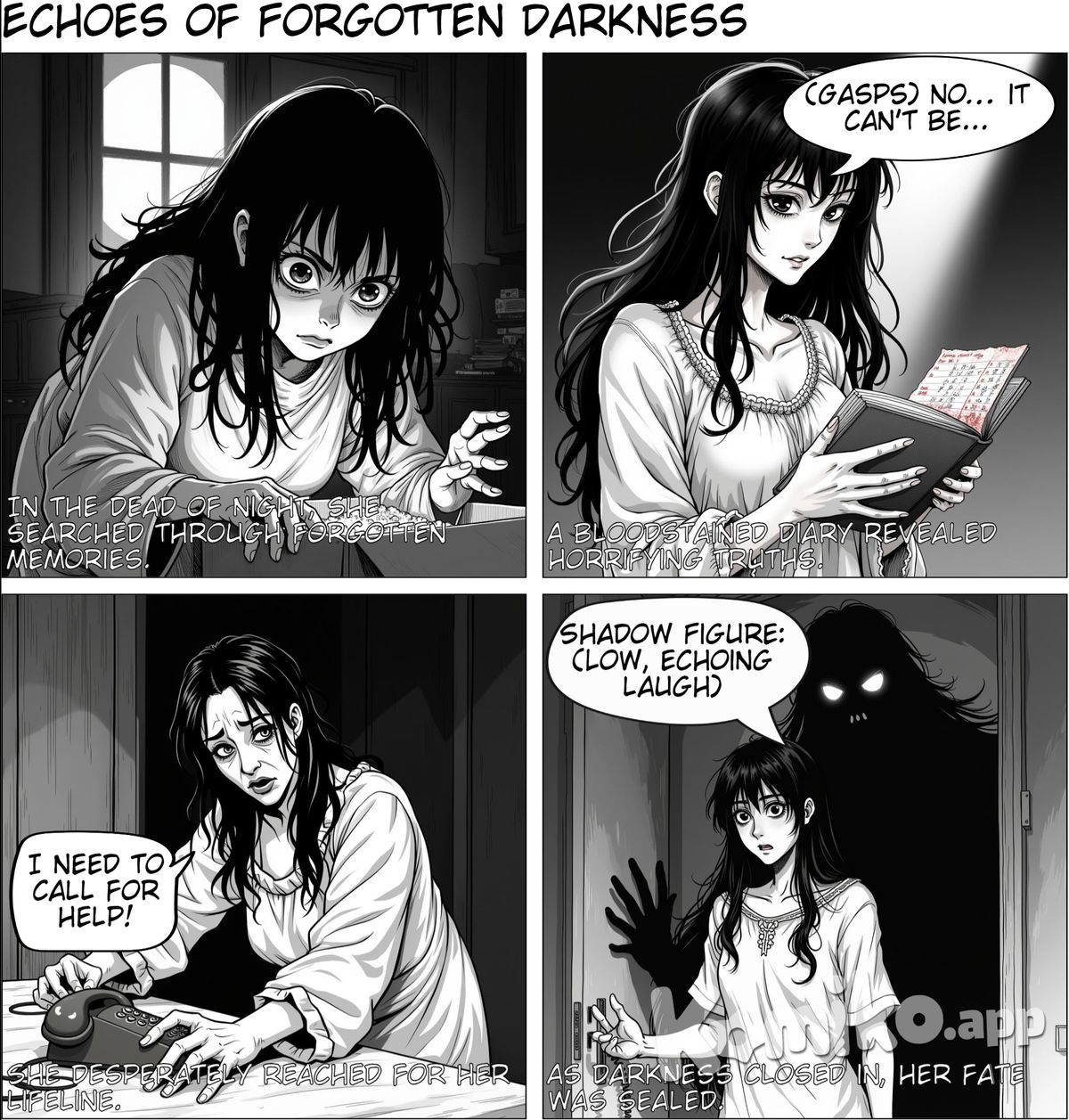 In the dead of night, a lonely woman rummaged through her old belongings and stumbled upon a bloodstained diary. As she opened it, she was horrified to find detailed accounts of every person she knew who had died. Just as she reached for her phone to call for help, a low laugh echoed behind her, and a shadow crept closer.