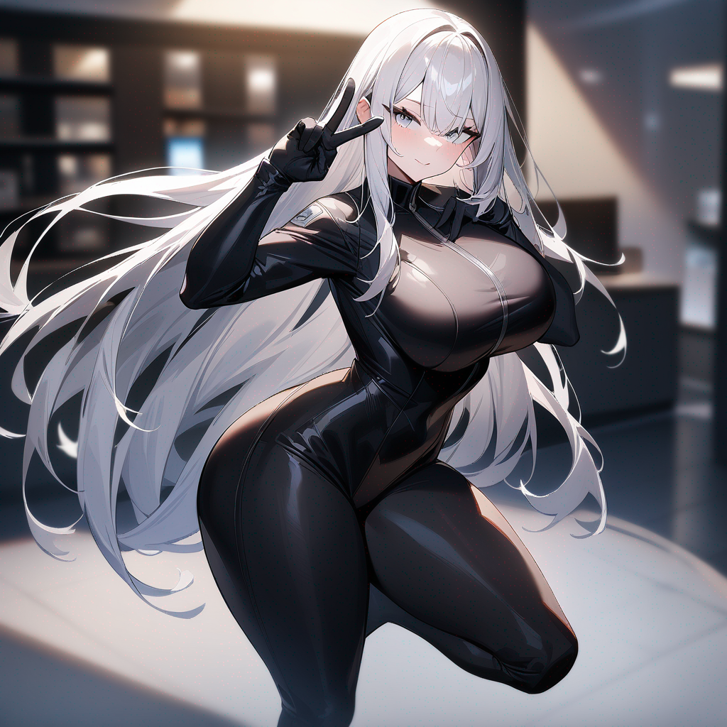 1girl, blurred background, full body, spy bodysuit, long hair, white hair, black gloves, long gloves, straight hair, white eyes, looking at viewer, v sign, black socks,