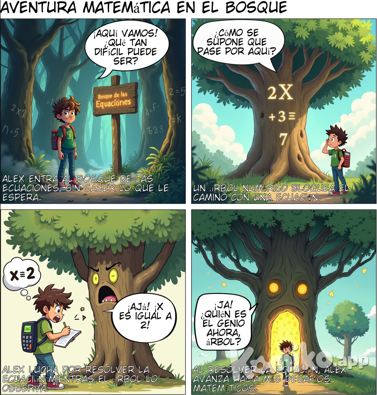Alex se adentra en el Bosque de las Ecuaciones, donde debe despejar caminos que están bloqueados por árboles numéricos. Para avanzar, debe aprender a "despejar" la X de ecuaciones como 2X + 3 = 7. Cada vez que lo logra, una puerta se abre.