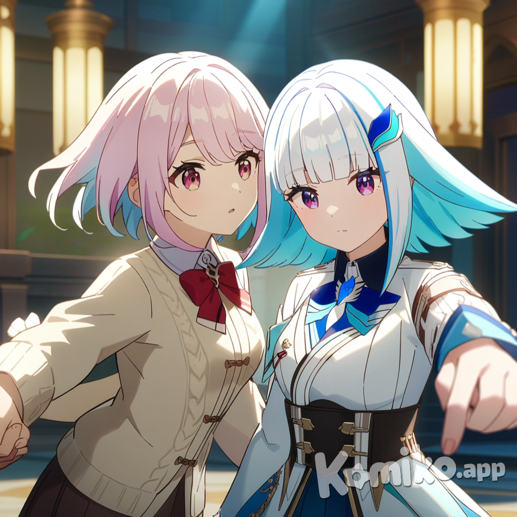Lize Helesta, Shiina Yuika (1St Costume), 2girls, Genshin Impact style, anime screencap, holding hands, kissing, pointing at viewer, knitted cardigan, cowboy shot, cinematic lighting