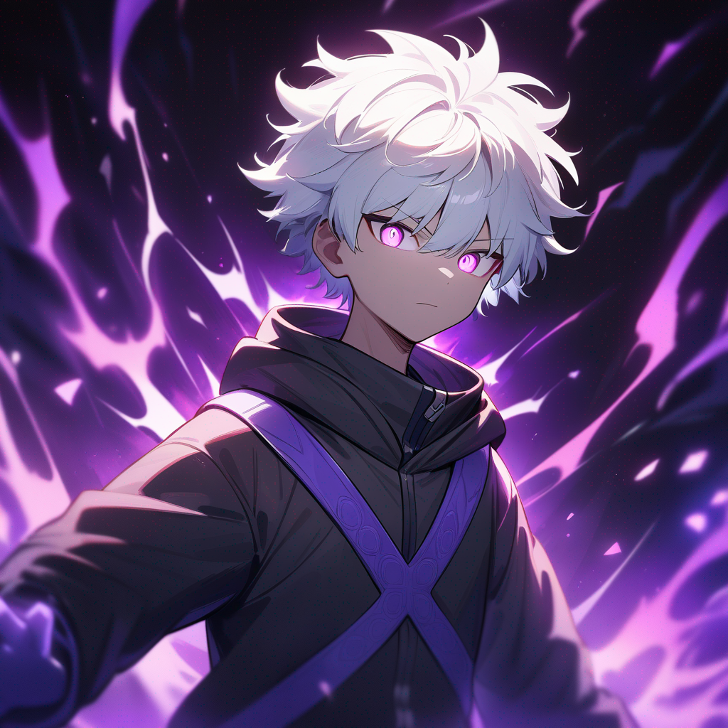 A dark lighted anime boy with glowing eyes and a lot of energy, violet flames are in the background, energy, energetic, Phonk, Brazilian Phonk, Simple Design, Killua Zoldyck
