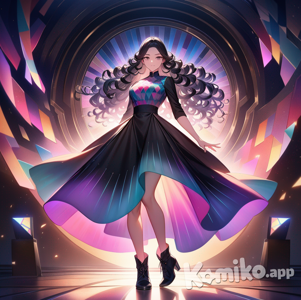 A confident and elegant black-haired woman stands in a vibrant, warm-lit studio, exuding incredible style with her bold patterned top, high-waisted miniskirt, and ankle boots. Her magnetic curls and wavy hair frame her face beautifully, drawing the viewer in. Behind her, a gradient of soft pastel hues and abstract geometric patterns create a dynamic backdrop that complements her commanding presence. At her feet, musical notes and the elegant text "Luis Arcy" float gracefully, adding a sophisticated and whimsical touch to the scene.