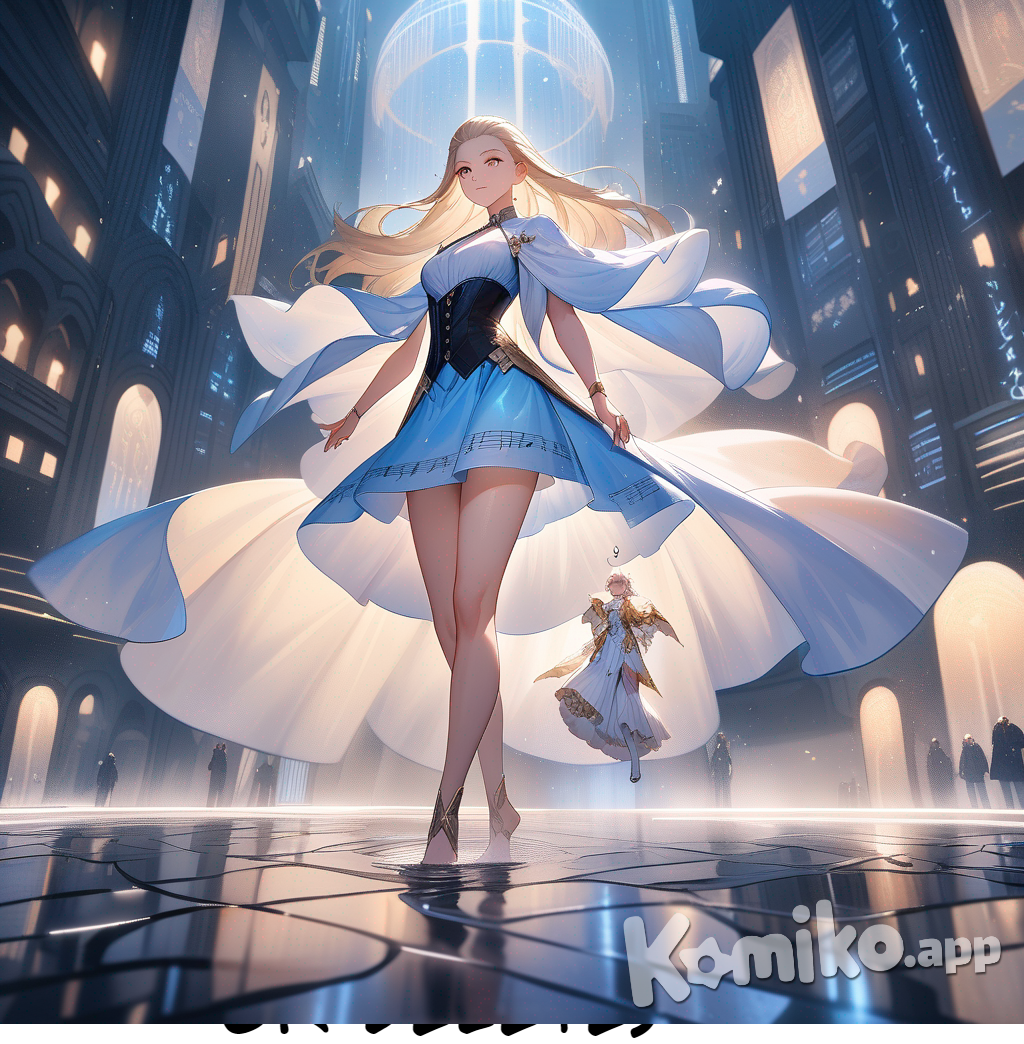 A striking blonde woman stands confidently in the gleaming marble halls of a futuristic city, exuding power and poise. She is dressed in a glossy blue corset and a musical note-print miniskirt, her damp, platinum blonde hair slicked back. At her feet, the text "Luis Arcy" floats alongside ethereal musical notes, enhancing the scene's allure. Warm ambient lighting bathes the ornate, intricate mosaics and glittering fountains in the background, casting a golden glow that accentuates the surreal and luxurious atmosphere.
